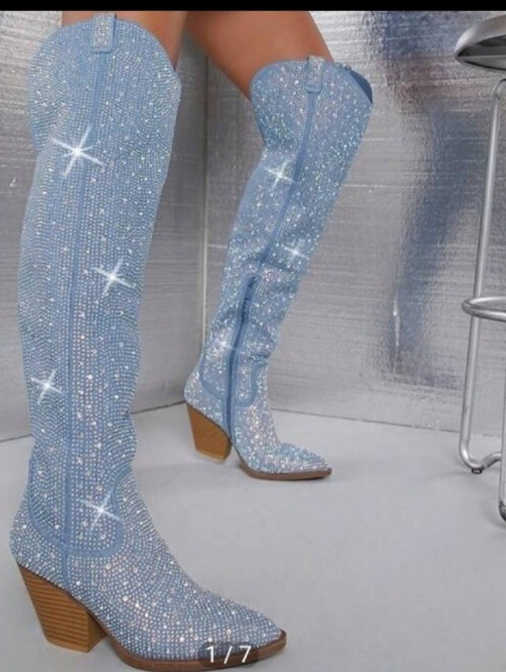 Women's Sparkly Rhinestone Blue Denim Cowboy Boots